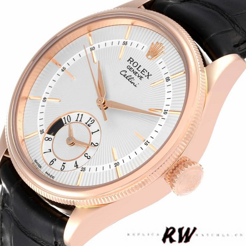 Rolex Cellini Dual Time 50525 Silver Dial Black Leather Strap 39mm Mens Replica Watch