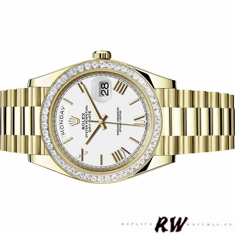 Rolex Day-Date 228398TBR White Roman Numeral Dial Diamond Bezel 40mm Mens Replica Watch