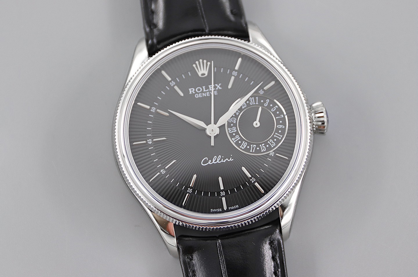 Rolex Cellini Date 50519 Black Leather Black Dial 39mm Mens Replica Watch