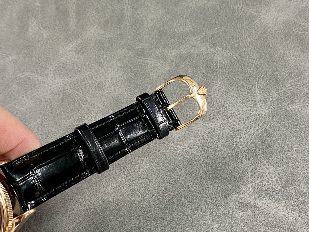 Rolex Cellini Dual Time 50525 Brown Guilloche Dial Black Leather Strap 39mm Mens Replica Watch