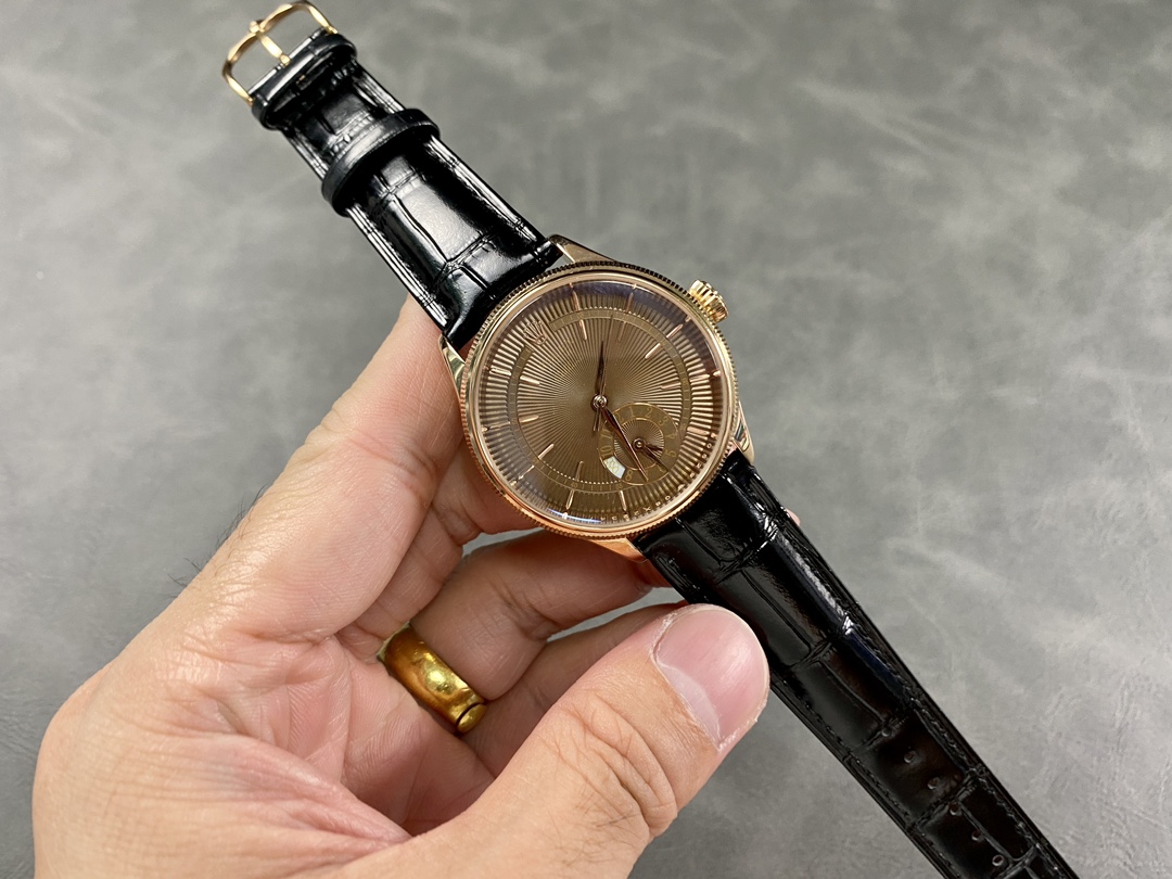 Rolex Cellini Dual Time 50525 Brown Guilloche Dial Black Leather Strap 39mm Mens Replica Watch