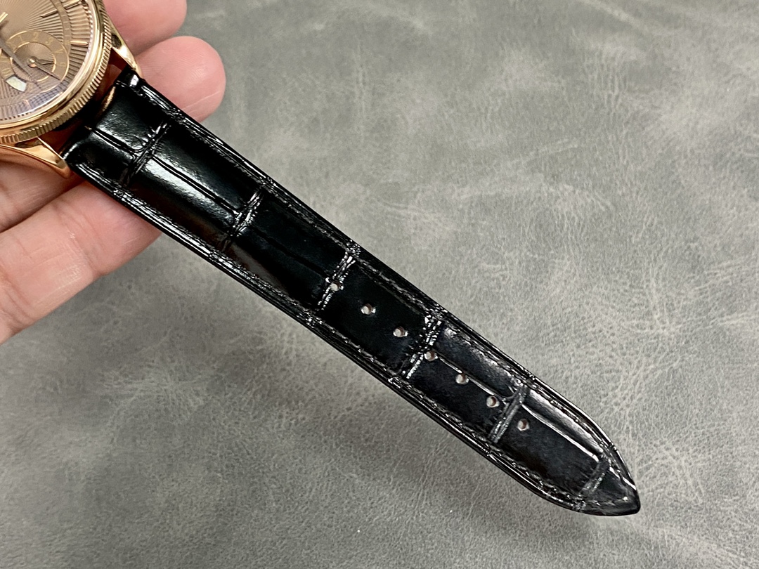 Rolex Cellini Dual Time 50525 Brown Guilloche Dial Black Leather Strap 39mm Mens Replica Watch