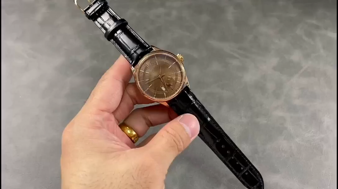 Rolex Cellini Dual Time 50525 Brown Guilloche Dial Black Leather Strap 39mm Mens Replica Watch