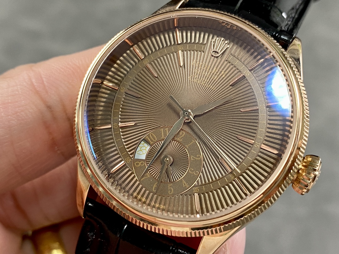 Rolex Cellini Dual Time 50525 Brown Guilloche Dial Black Leather Strap 39mm Mens Replica Watch