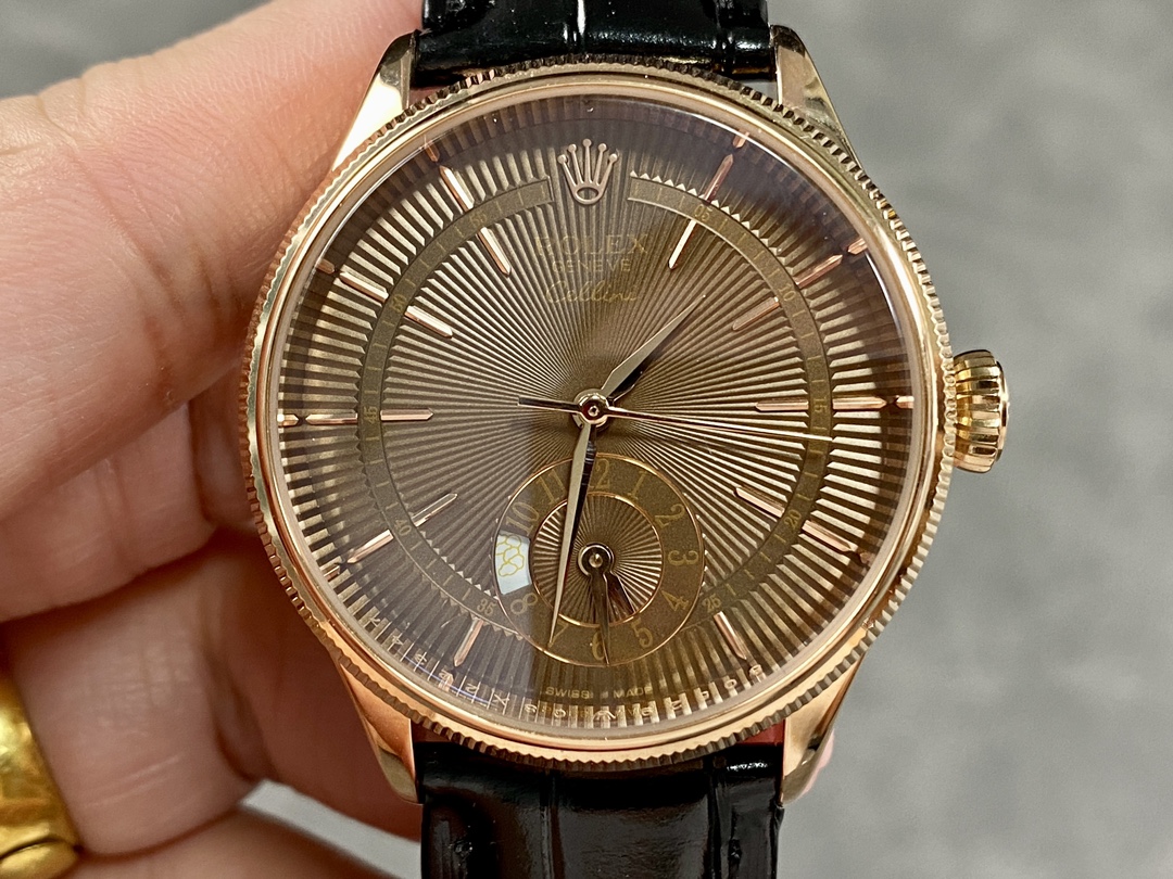 Rolex Cellini Dual Time 50525 Brown Guilloche Dial Black Leather Strap 39mm Mens Replica Watch