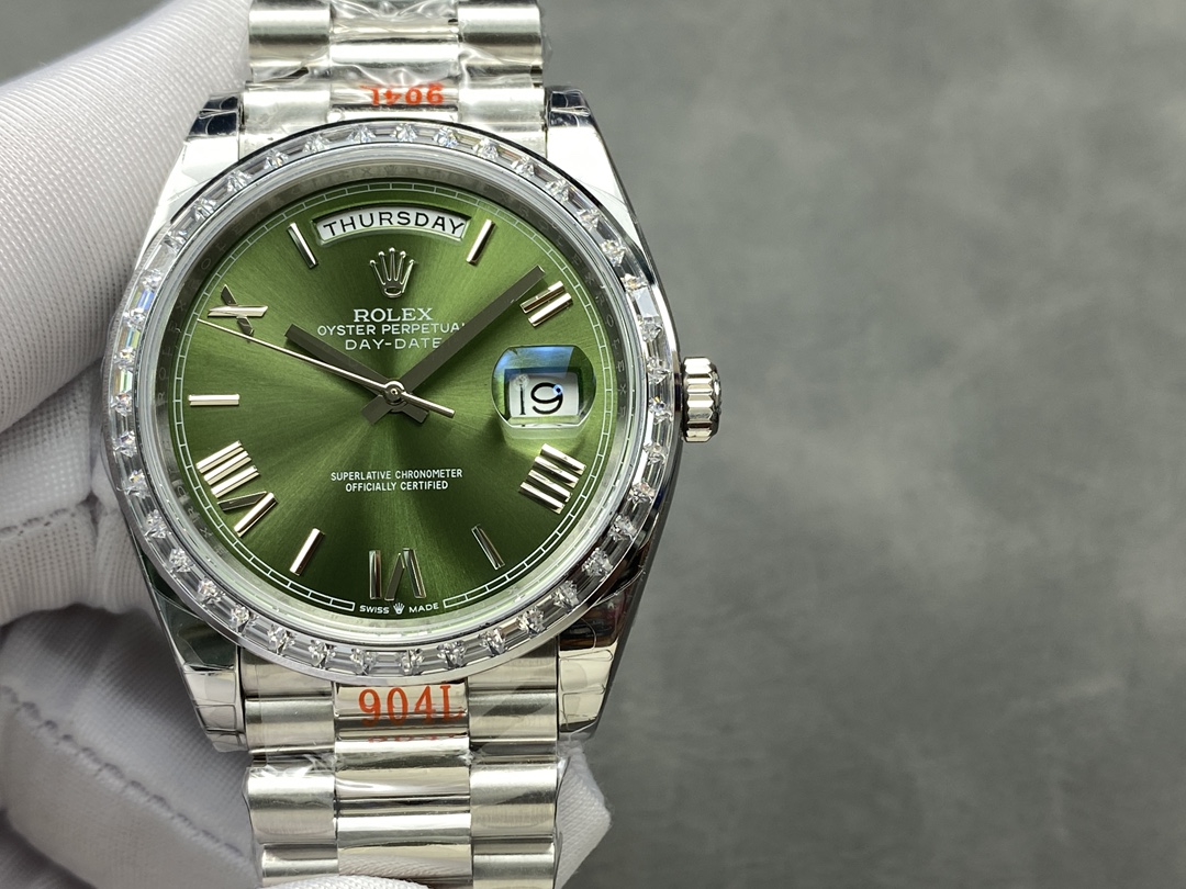 Rolex Day Date 40 Platinum Olive Green Dial Diamond Bezel M228396TBR 0020 Replica Watch