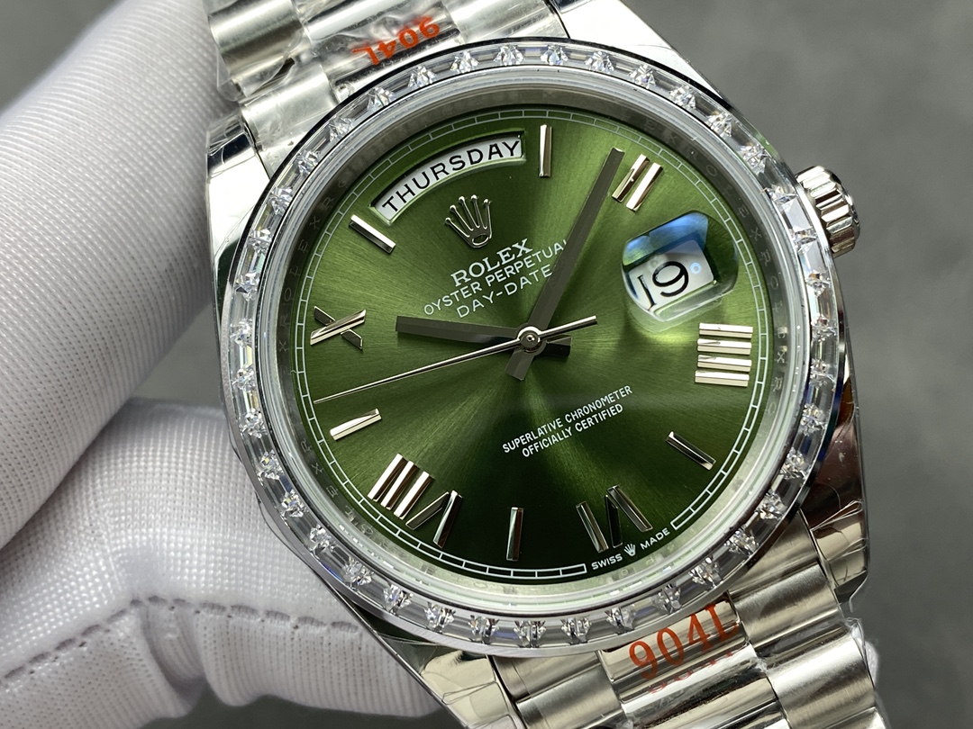 Rolex Day Date 40 Platinum Olive Green Dial Diamond Bezel M228396TBR 0020 Replica Watch