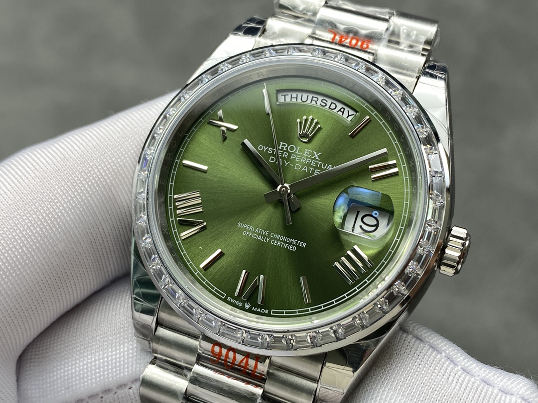 Rolex Day Date 40 Platinum Olive Green Dial Diamond Bezel M228396TBR 0020 Replica Watch
