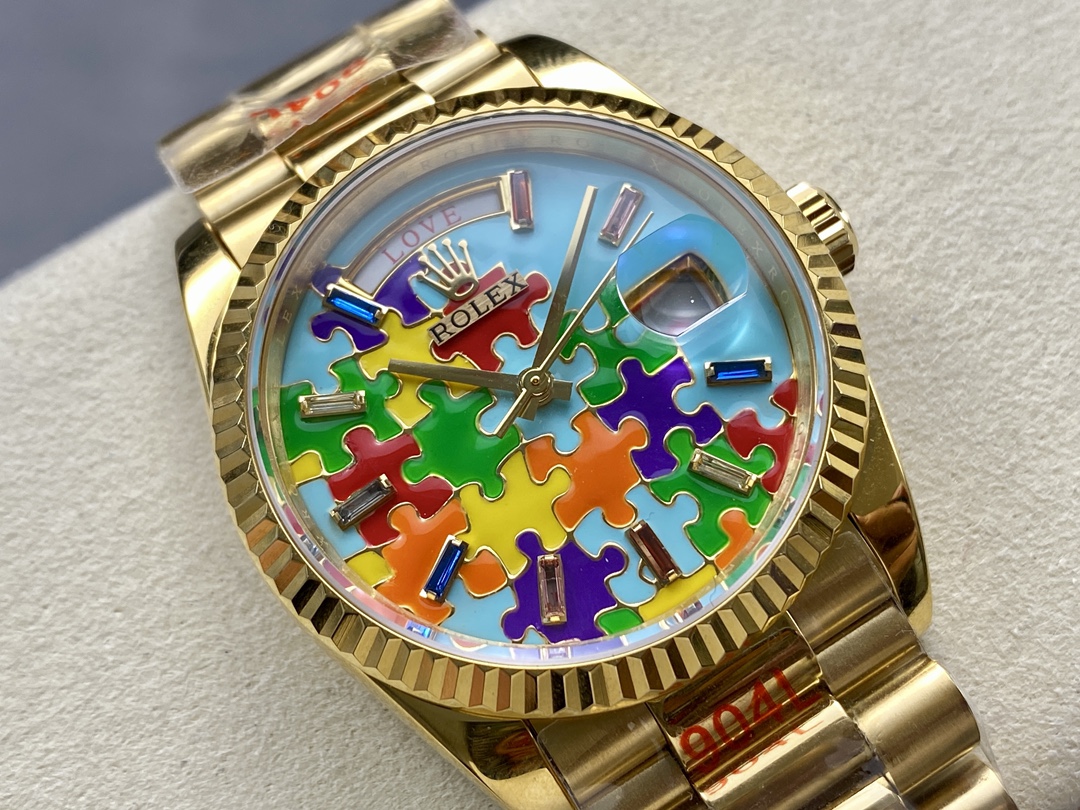 Rolex Day Date 128238-0106 36mm Yellow Gold Fluted Bezel Emoji Puzzle Dial