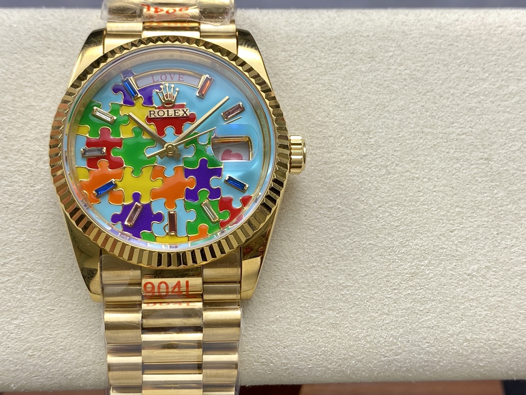 Rolex Day Date 128238-0106 36mm Yellow Gold Fluted Bezel Emoji Puzzle Dial