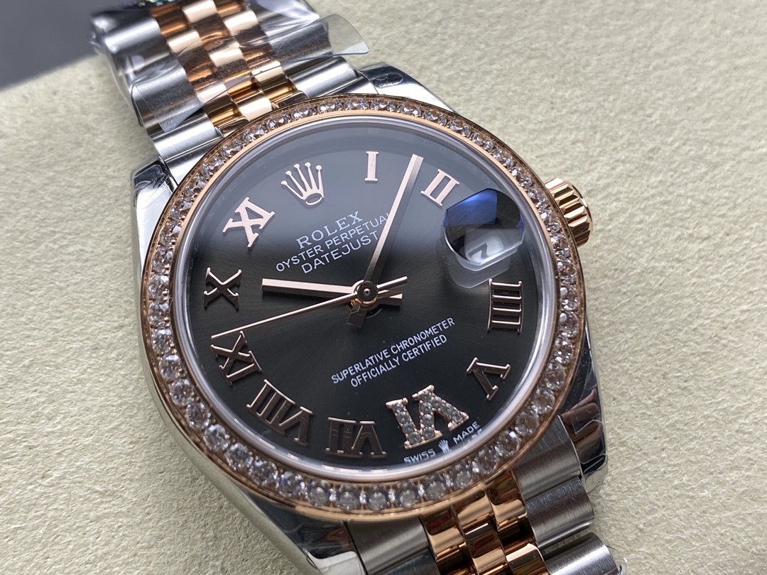 Rolex Datejust Lady 31 Rose Gold Steel Slate Roman Diamond VI Dial & Diamond Bezel Jubilee Bracelet 278381RBR