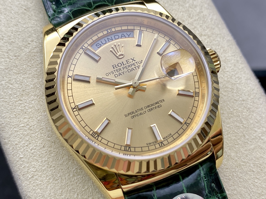 Rolex Day Date 36 Yellow Gold Champagne Dial 118138 0125 Green Strap