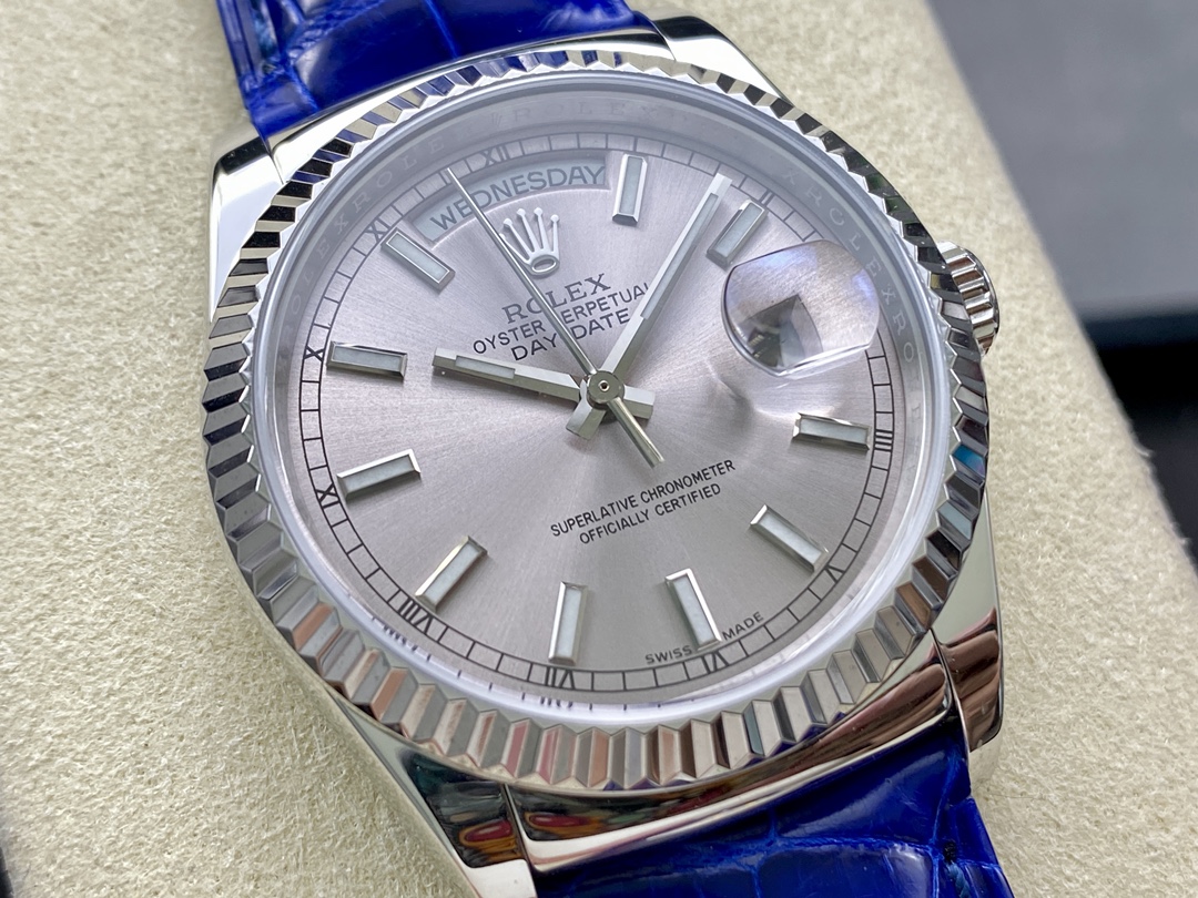 Rolex Day Date 36 White Gold Silver Dial 118139 0097 Blue Leather Strap
