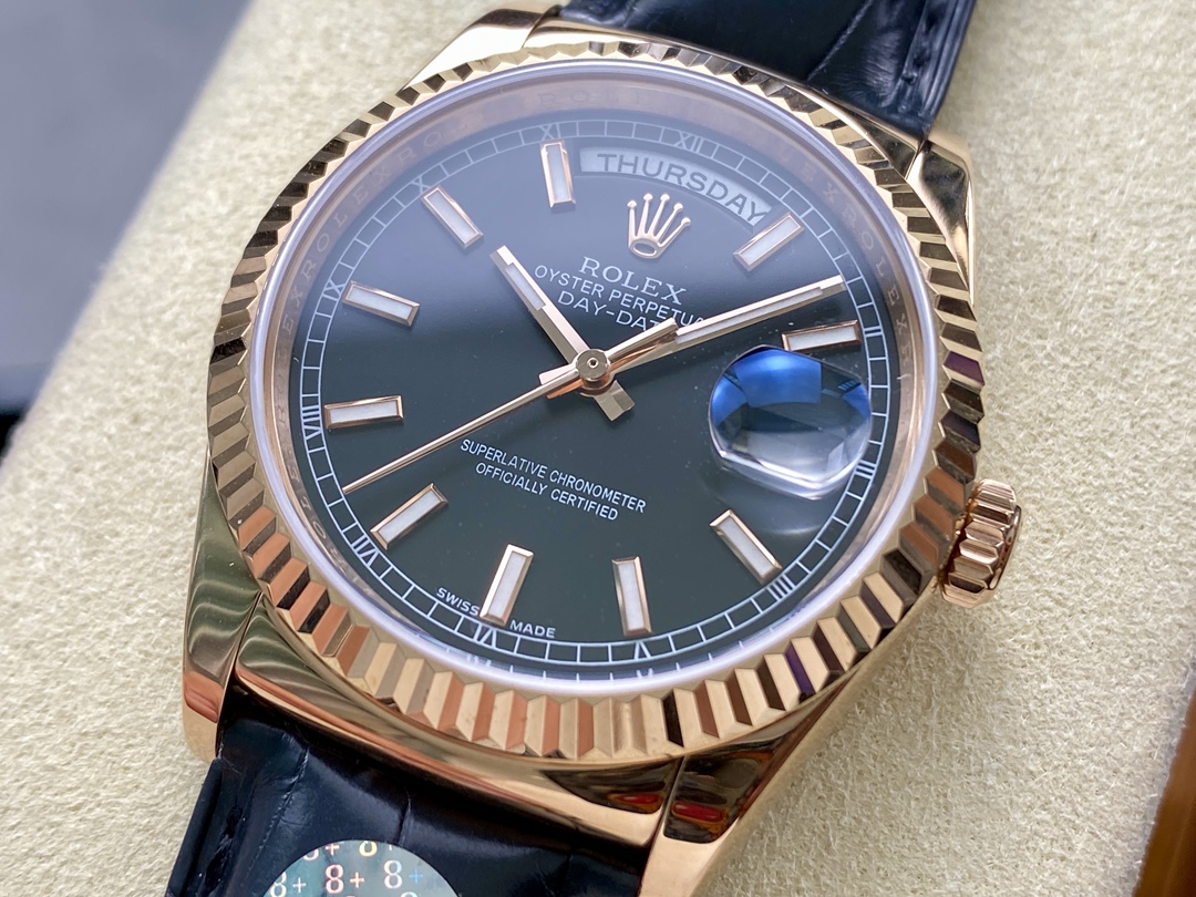 Rolex Day Date 36 Everose Gold Black Dial 118135 0063 Leather Watch