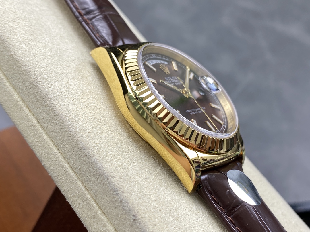 Rolex Day Date 36 Yellow Gold Chocolate Dial 118138 0005 Leather Watch