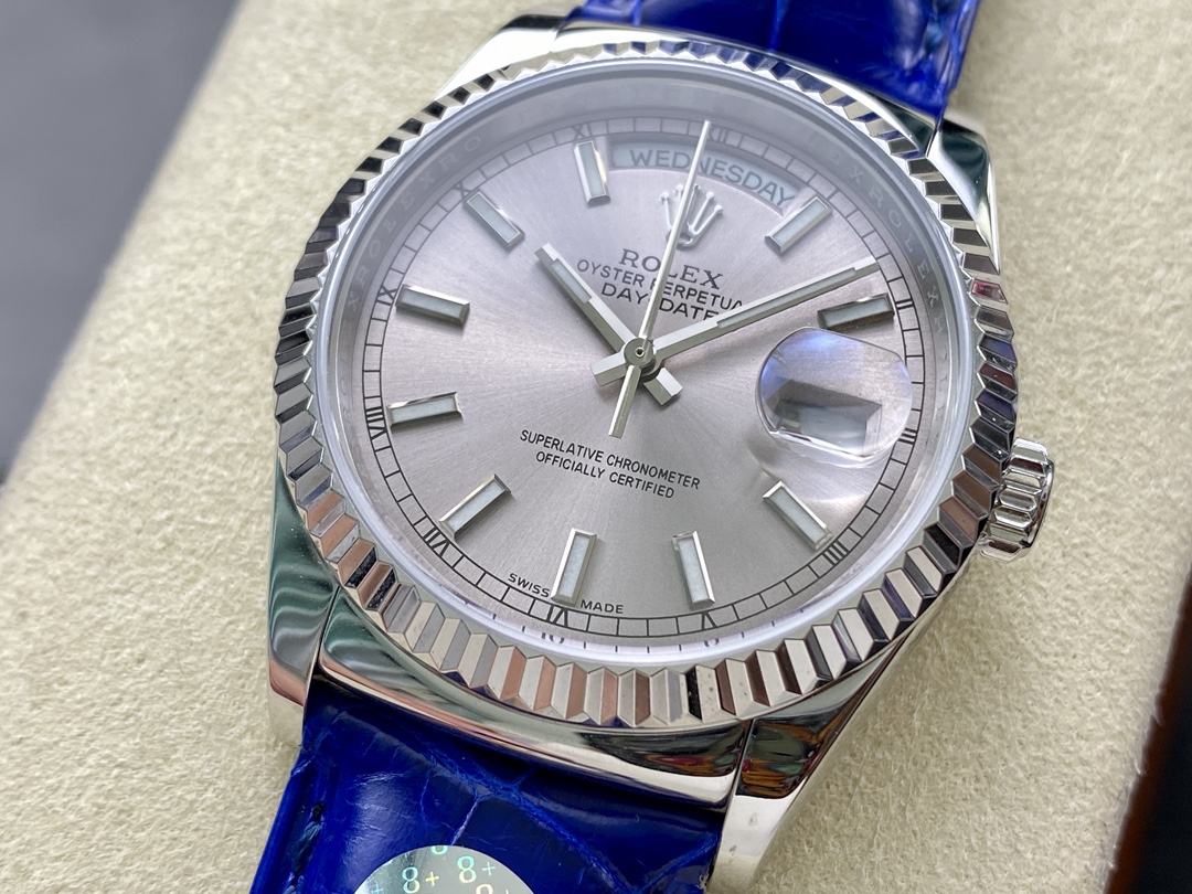 Rolex Day Date 36 White Gold Silver Dial 118139 0097 Blue Leather Strap
