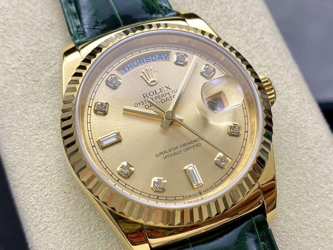 Rolex Day Date 36 Yellow Gold Champagne Dial 118138 0148 Green Leather Strap