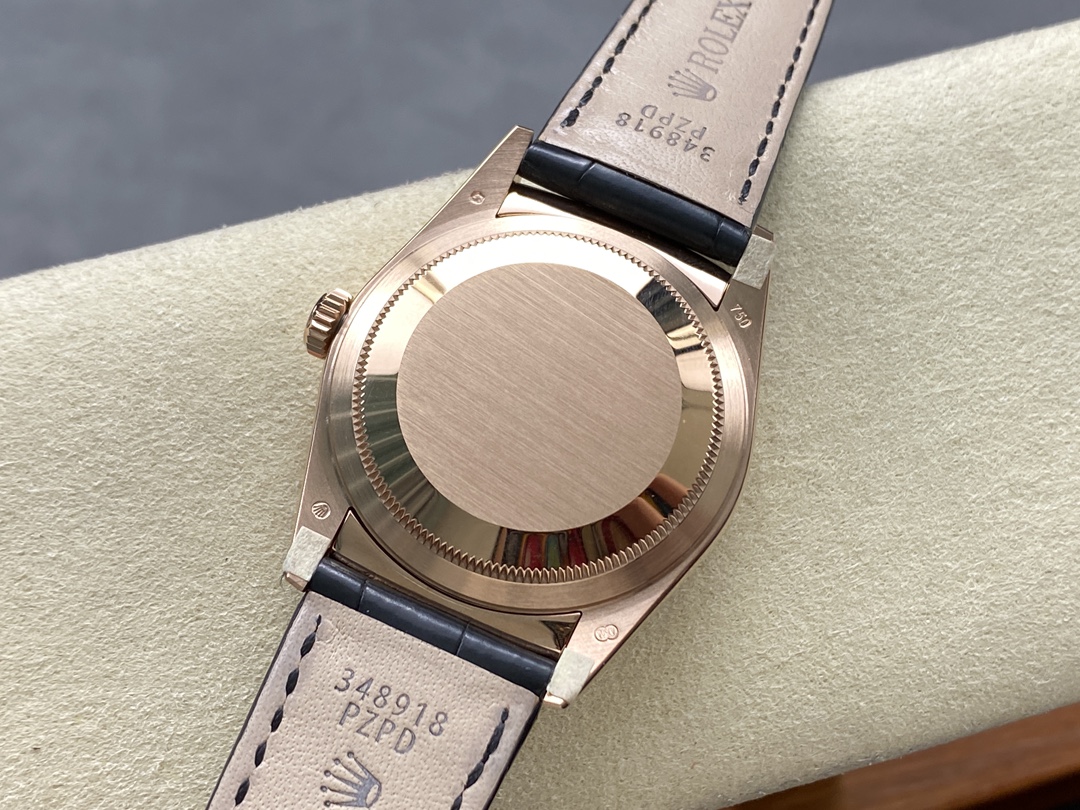 Rolex Day Date 36 Everose Gold Black Dial 118135 0063 Leather Watch