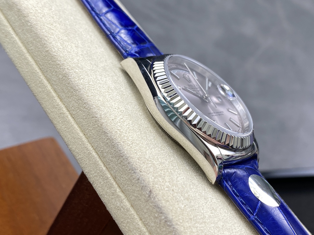 Rolex Day Date 36 White Gold Silver Dial 118139 0097 Blue Leather Strap