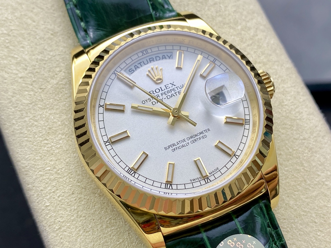 Rolex Day Date 36 White Dial 118135 0123 Green Leather Watch