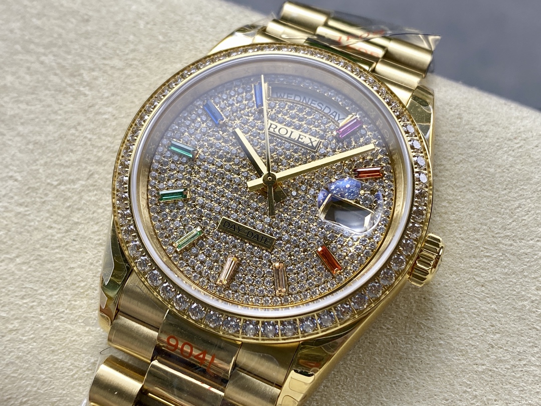 Rolex Day Date 36mm Yellow Gold 128348RBR 0030 Pave Rainbow Diamonds Sapphires Dial