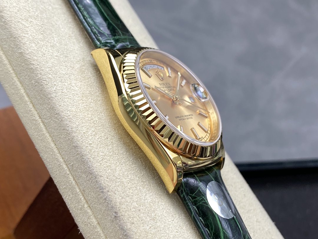 Rolex Day Date 36 Yellow Gold Champagne Dial 118138 0125 Green Strap