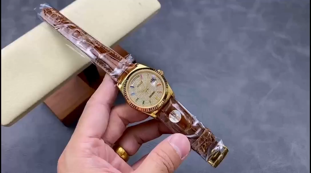 Rolex Day Date 36mm Yellow Gold 128238 0051 Pave Rainbow Diamond Dial Fluted Bezel