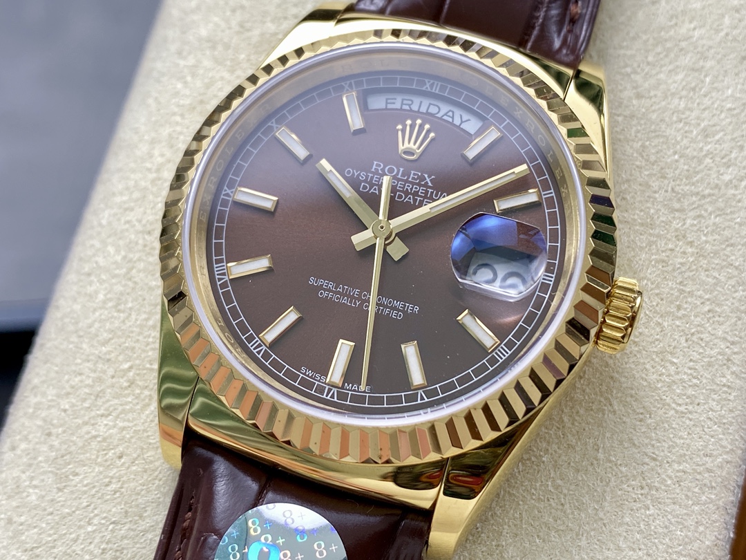 Rolex Day Date 36 Yellow Gold Chocolate Dial 118138 0005 Leather Watch
