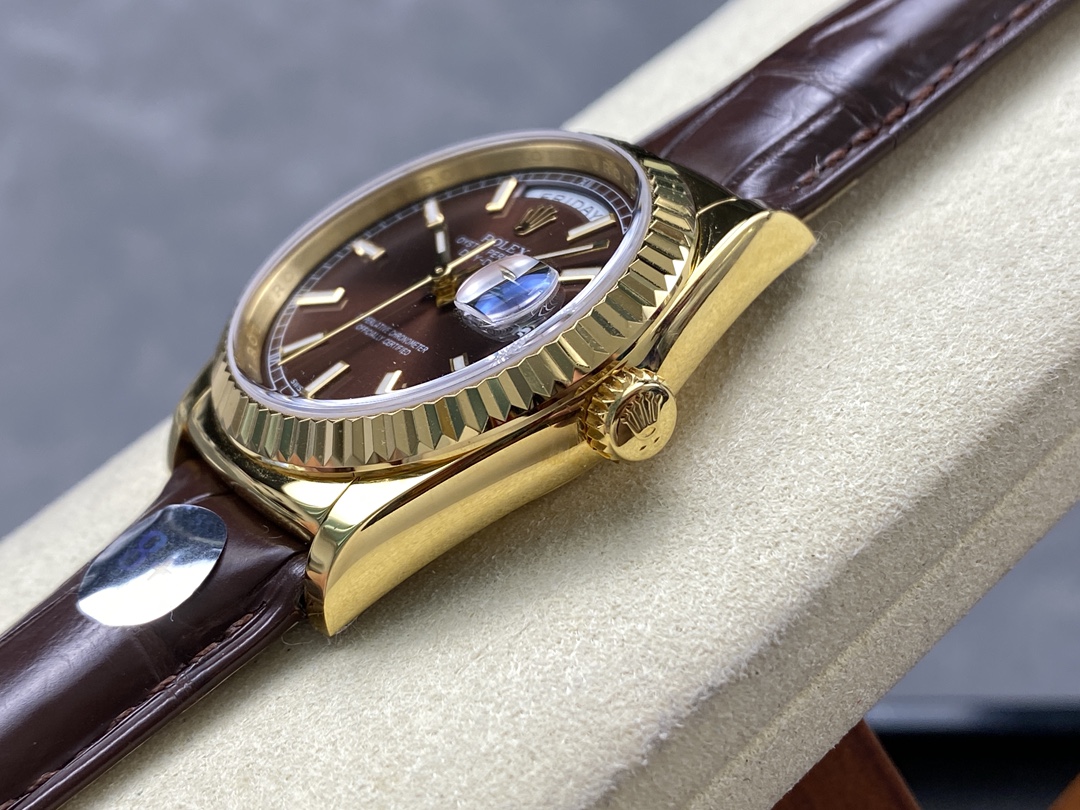 Rolex Day Date 36 Yellow Gold Chocolate Dial 118138 0005 Leather Watch