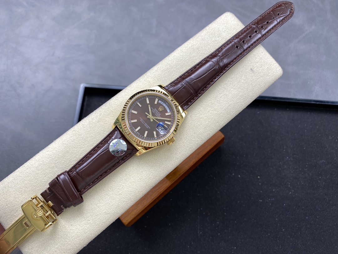 Rolex Day Date 36 Yellow Gold Chocolate Dial 118138 0005 Leather Watch