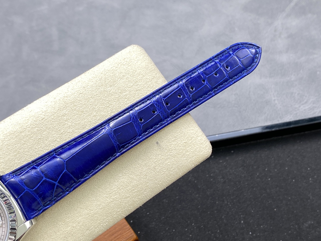 Rolex Day Date 36 White Gold Silver Dial 118139 0097 Blue Leather Strap