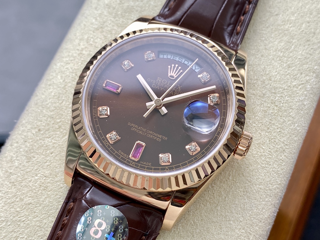 Rolex Day Date 36 Everose Diamond Chocolate 118135 0020 Watch
