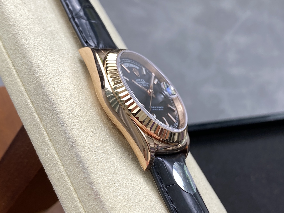 Rolex Day Date 36 Everose Gold Black Dial 118135 0063 Leather Watch