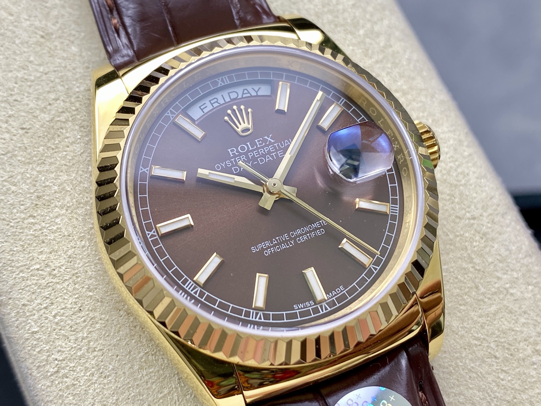 Rolex Day Date 36 Yellow Gold Chocolate Dial 118138 0005 Leather Watch