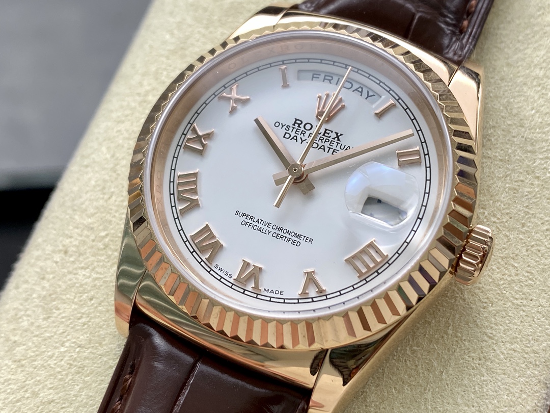 Rolex Day Date 36 White Dial 118135 0064 Brown Leather Watch