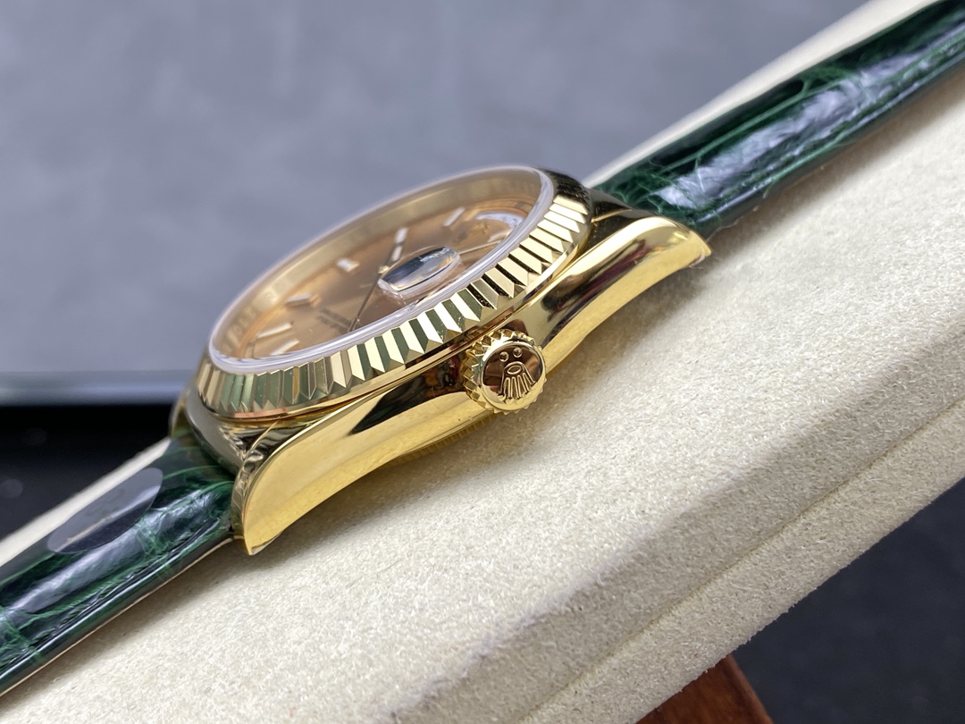 Rolex Day Date 36 Yellow Gold Champagne Dial 118138 0125 Green Strap