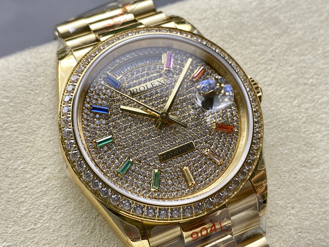Rolex Day Date 36mm Yellow Gold 128348RBR 0030 Pave Rainbow Diamonds Sapphires Dial