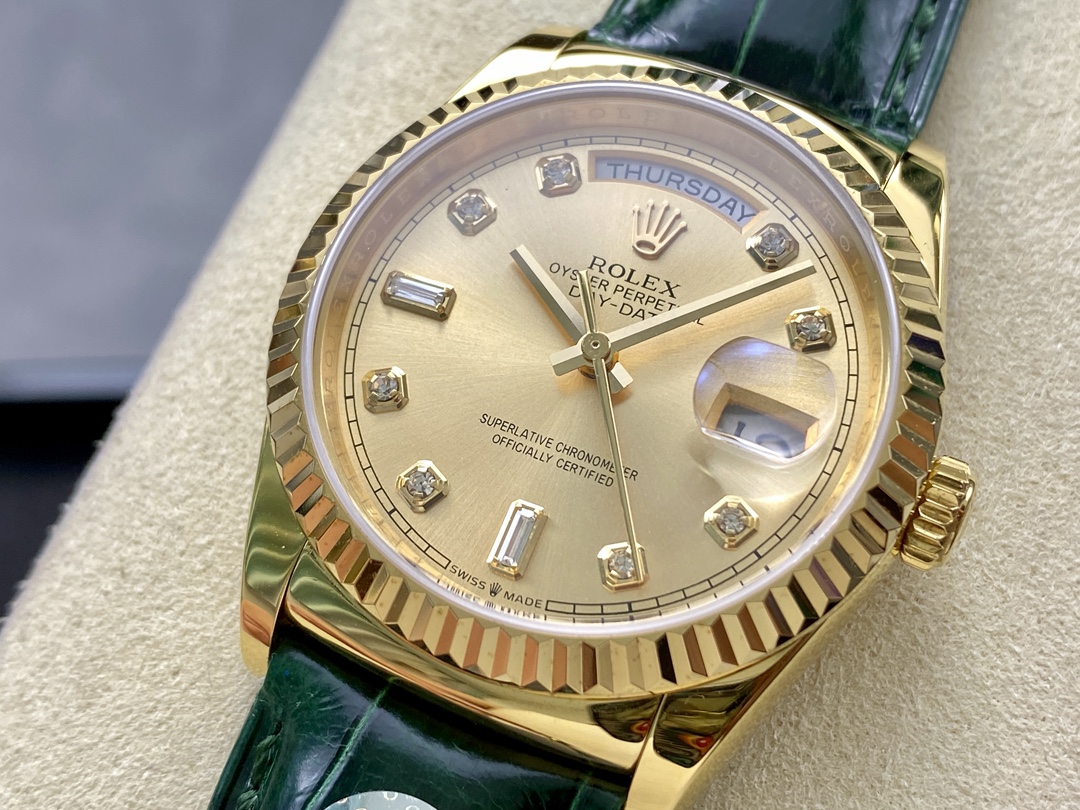 Rolex Day Date 36 Yellow Gold Champagne Dial 118138 0148 Green Leather Strap