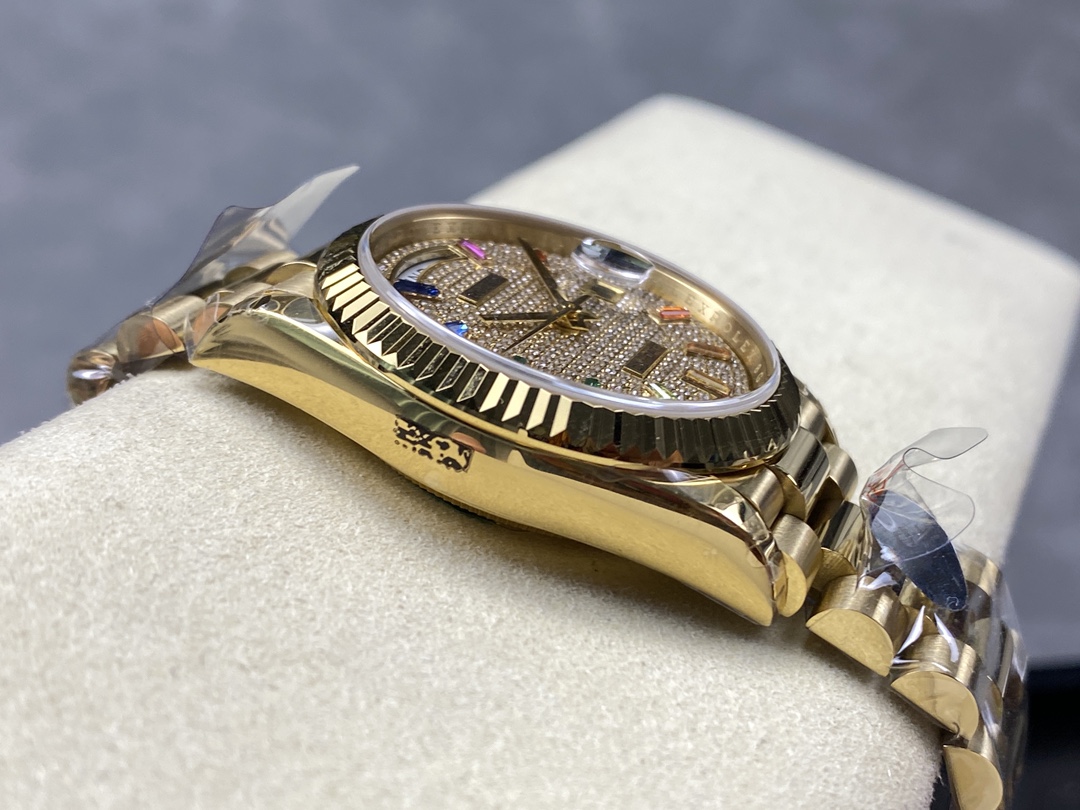 Rolex Day Date 36mm Yellow Gold 128238 0051 Pave Rainbow Diamond Dial Fluted Bezel