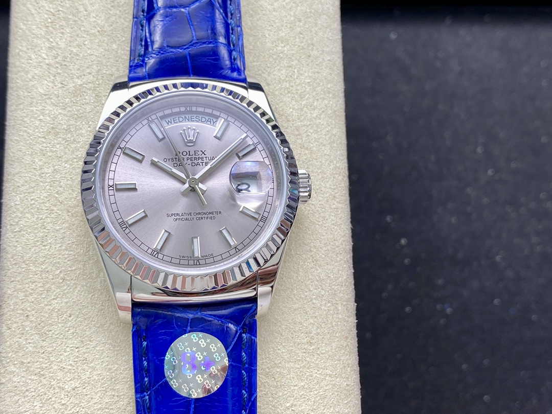 Rolex Day Date 36 White Gold Silver Dial 118139 0097 Blue Leather Strap