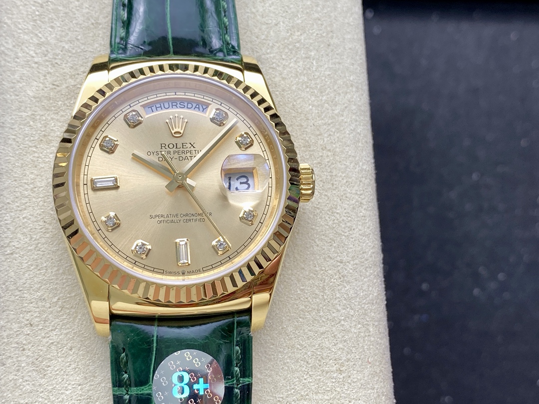 Rolex Day Date 36 Yellow Gold Champagne Dial 118138 0148 Green Leather Strap