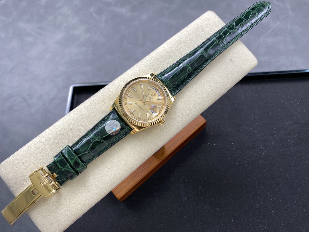 Rolex Day Date 36 Yellow Gold Champagne Dial 118138 0125 Green Strap