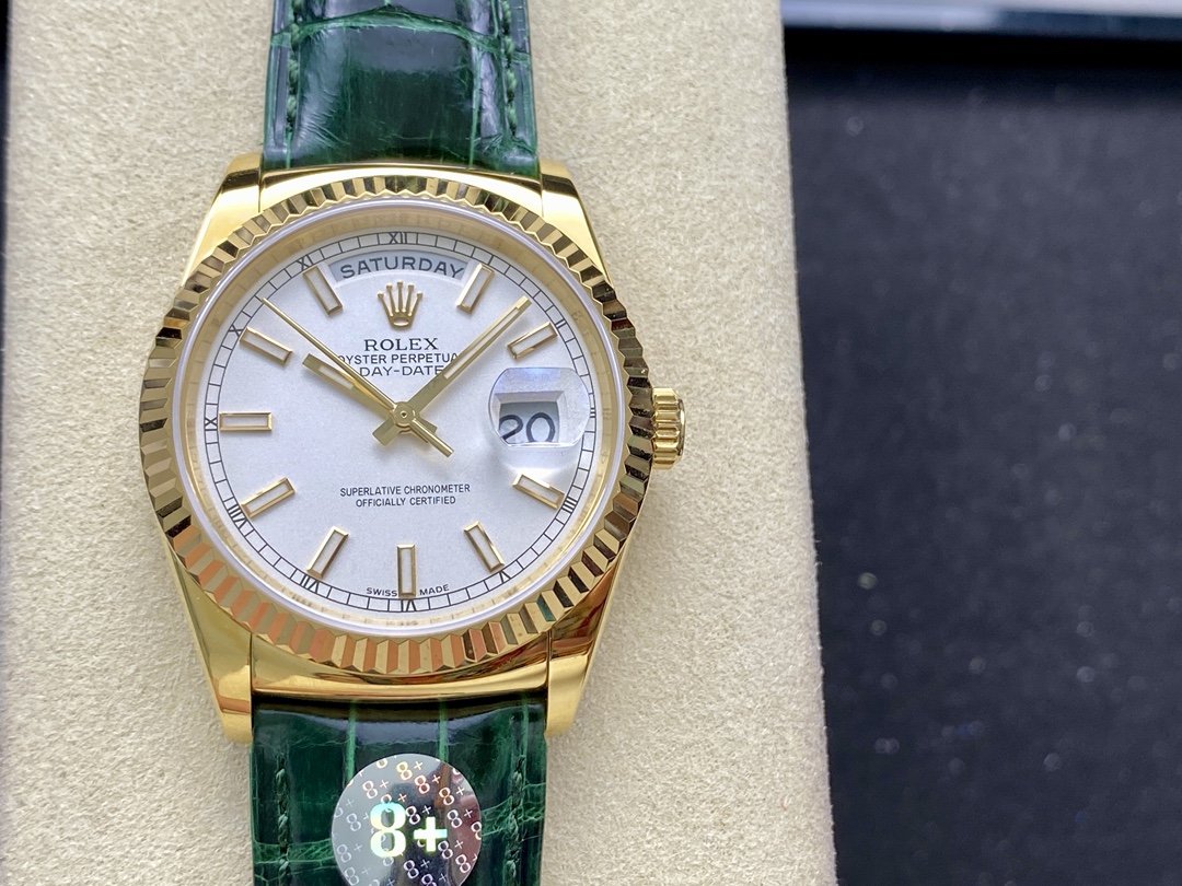 Rolex Day Date 36 White Dial 118135 0123 Green Leather Watch