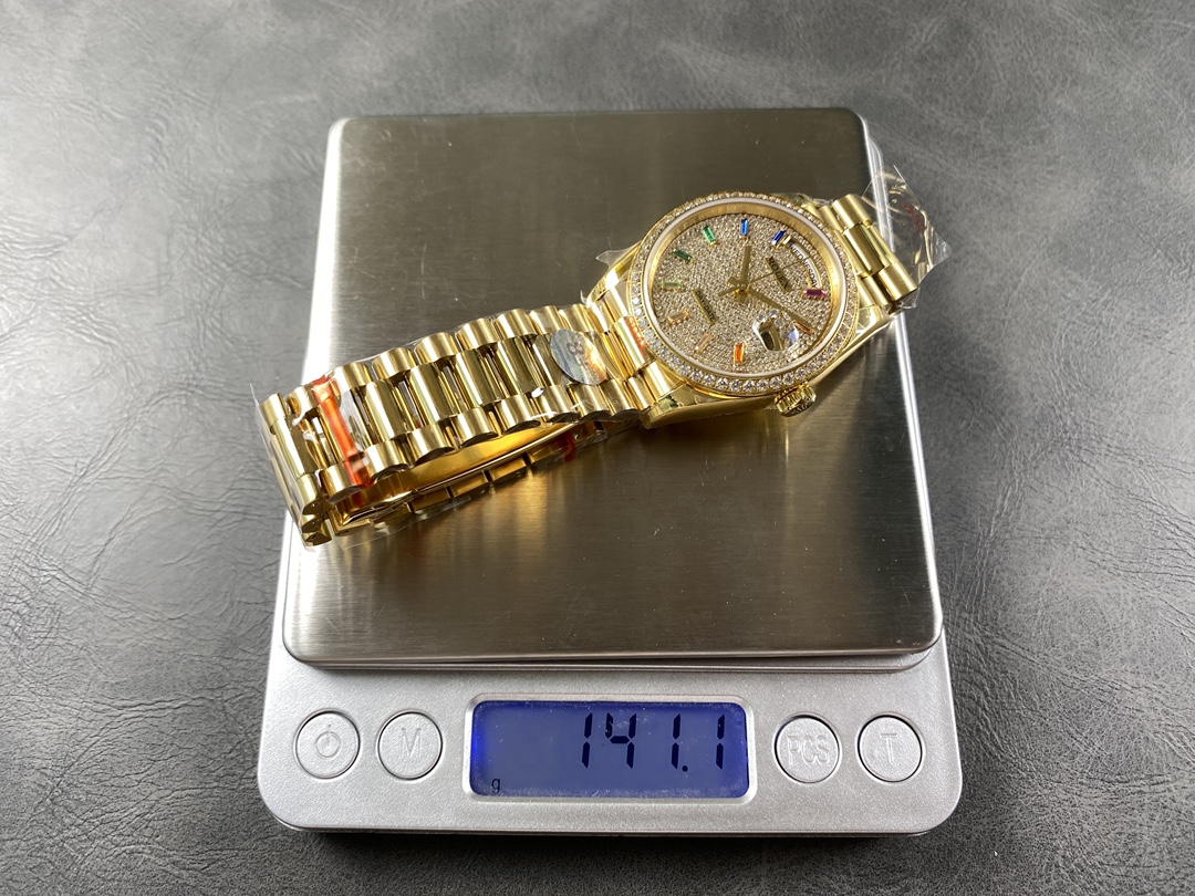 Rolex Day Date 36mm Yellow Gold 128348RBR 0030 Pave Rainbow Diamonds Sapphires Dial