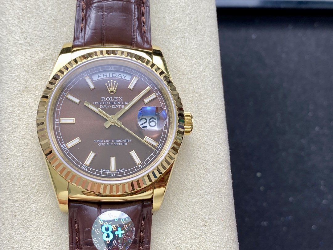 Rolex Day Date 36 Yellow Gold Chocolate Dial 118138 0005 Leather Watch