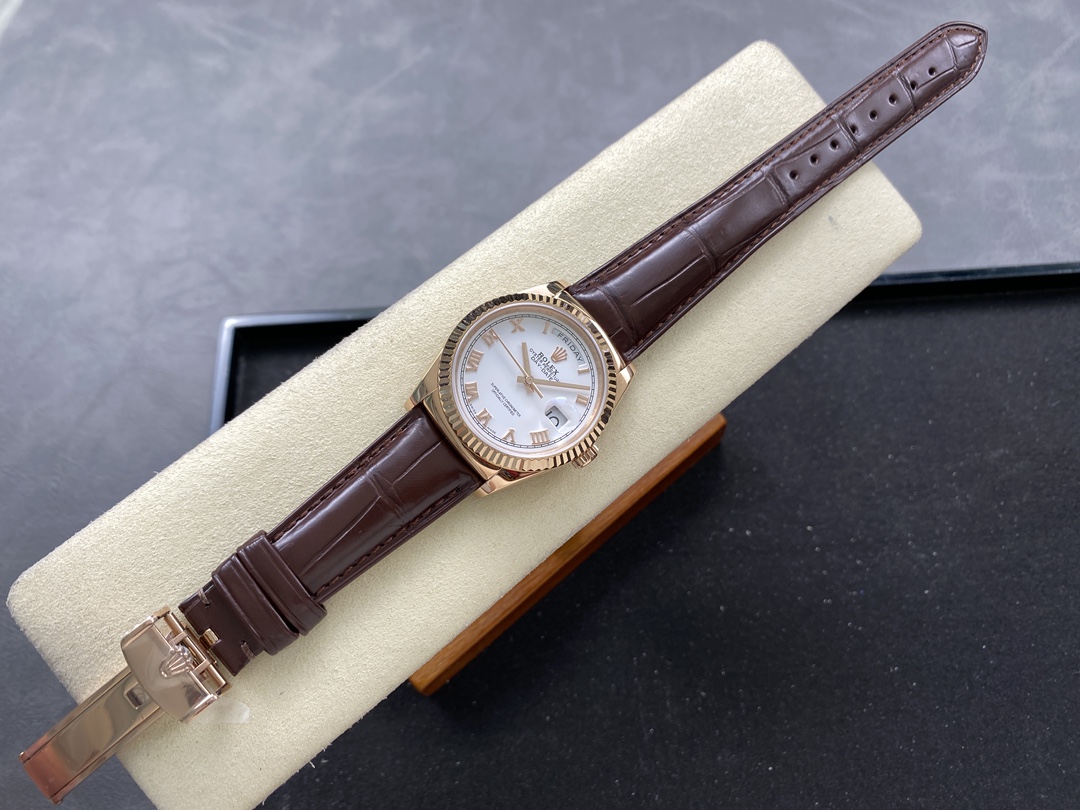 Rolex Day Date 36 White Dial 118135 0064 Brown Leather Watch