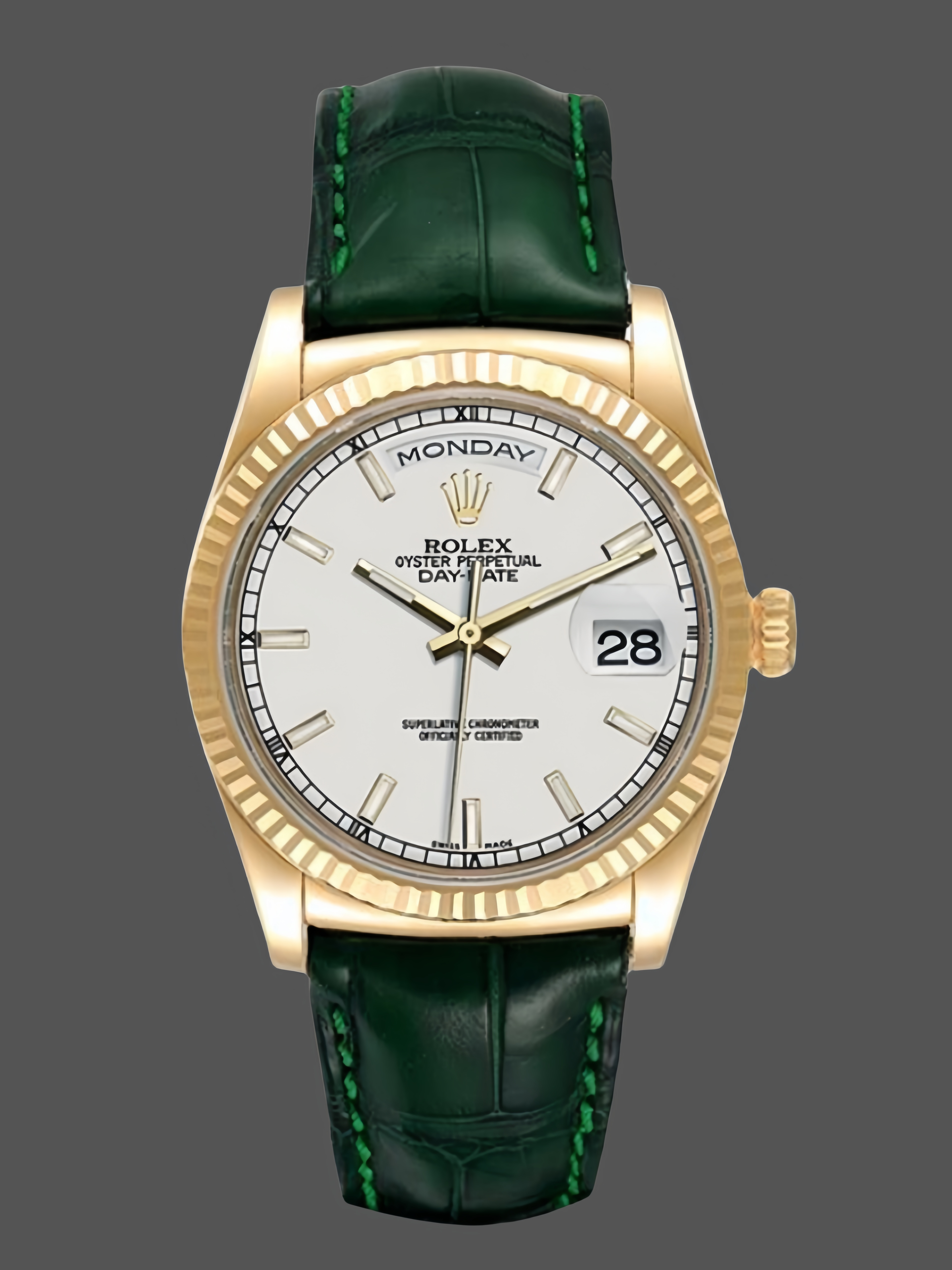 Rolex Day Date 36 White Dial 118135 0123 Green Leather Watch