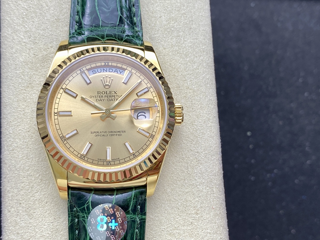 Rolex Day Date 36 Yellow Gold Champagne Dial 118138 0125 Green Strap