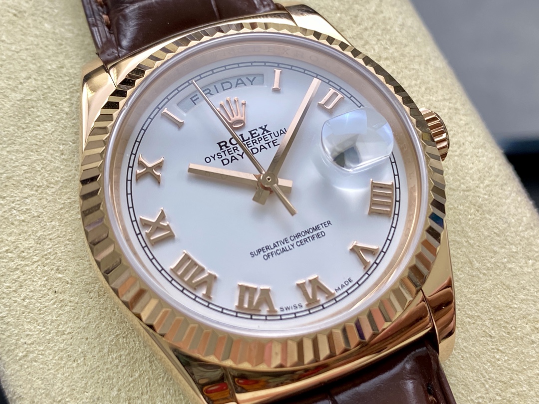 Rolex Day Date 36 White Dial 118135 0064 Brown Leather Watch