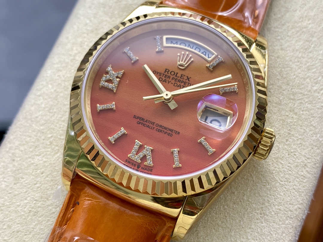 Rolex Day-Date 128238 Fluted Bezel Carnelian dial 36MM Unisex Replica Watch